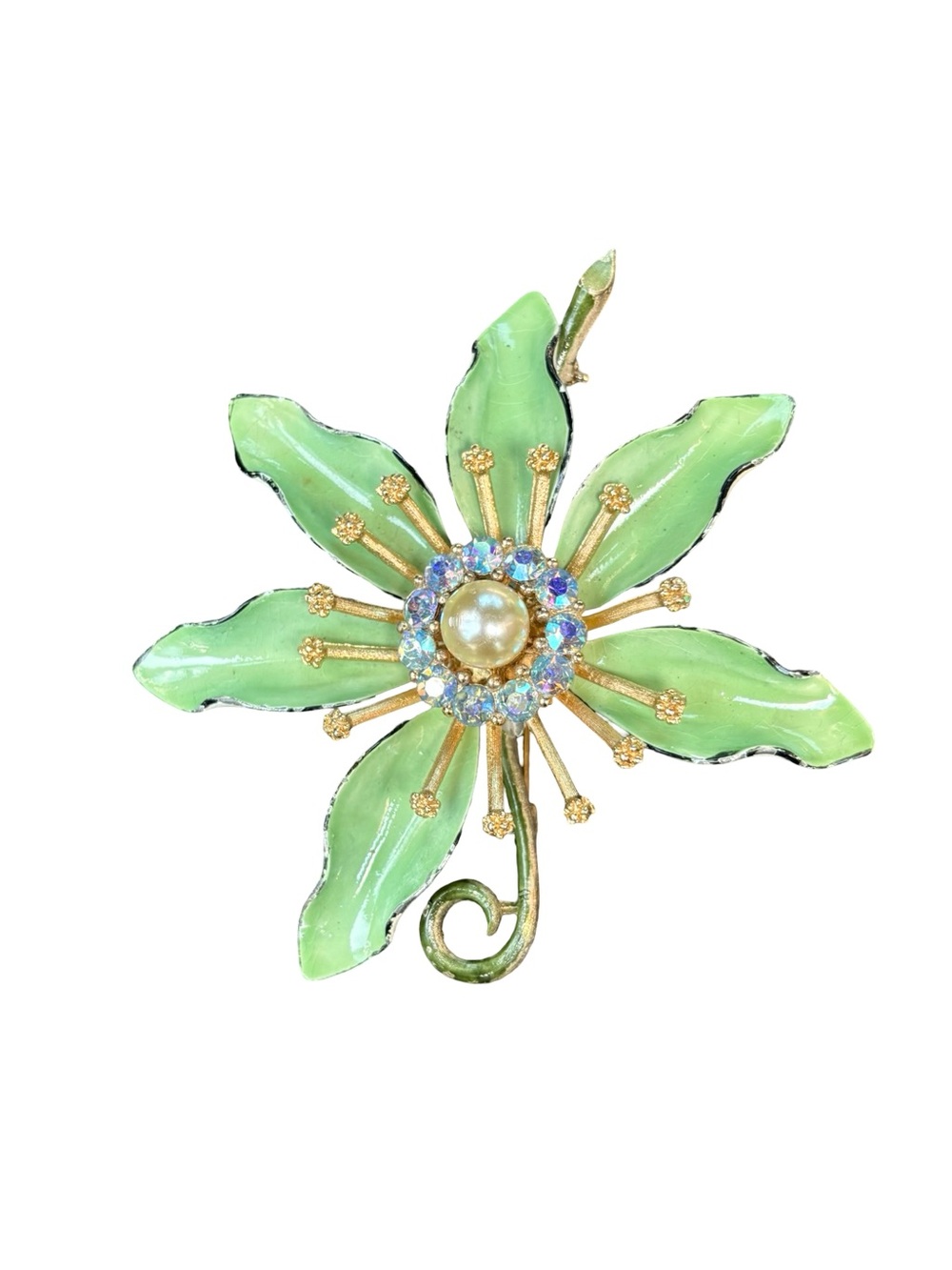 Lisner Premium Vintage Green Enamel Flower Brooch w/Pearl & Aurora Crystal Halo - Picture 2 of 4